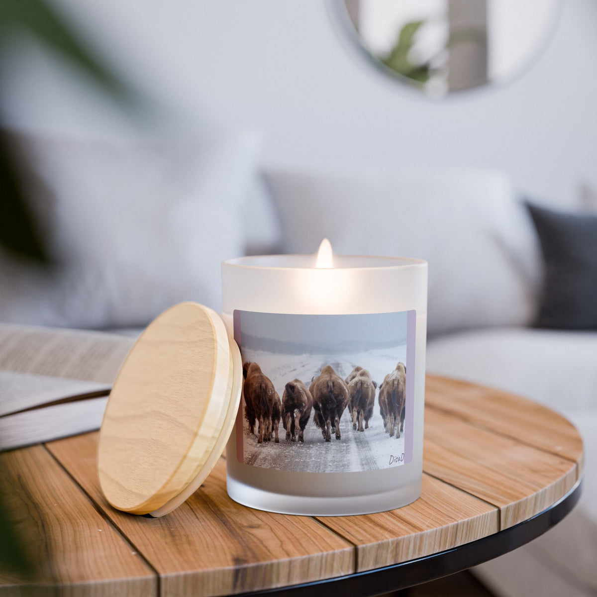 Bison Herd Frosted Glass Candle — 11oz Rustic Winter Cabin Scented Candle