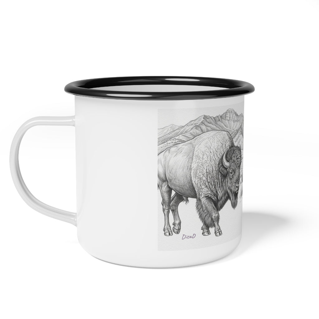Enamel Camp Cup — 'First, I Must Drink' Buffalo Camping Mug