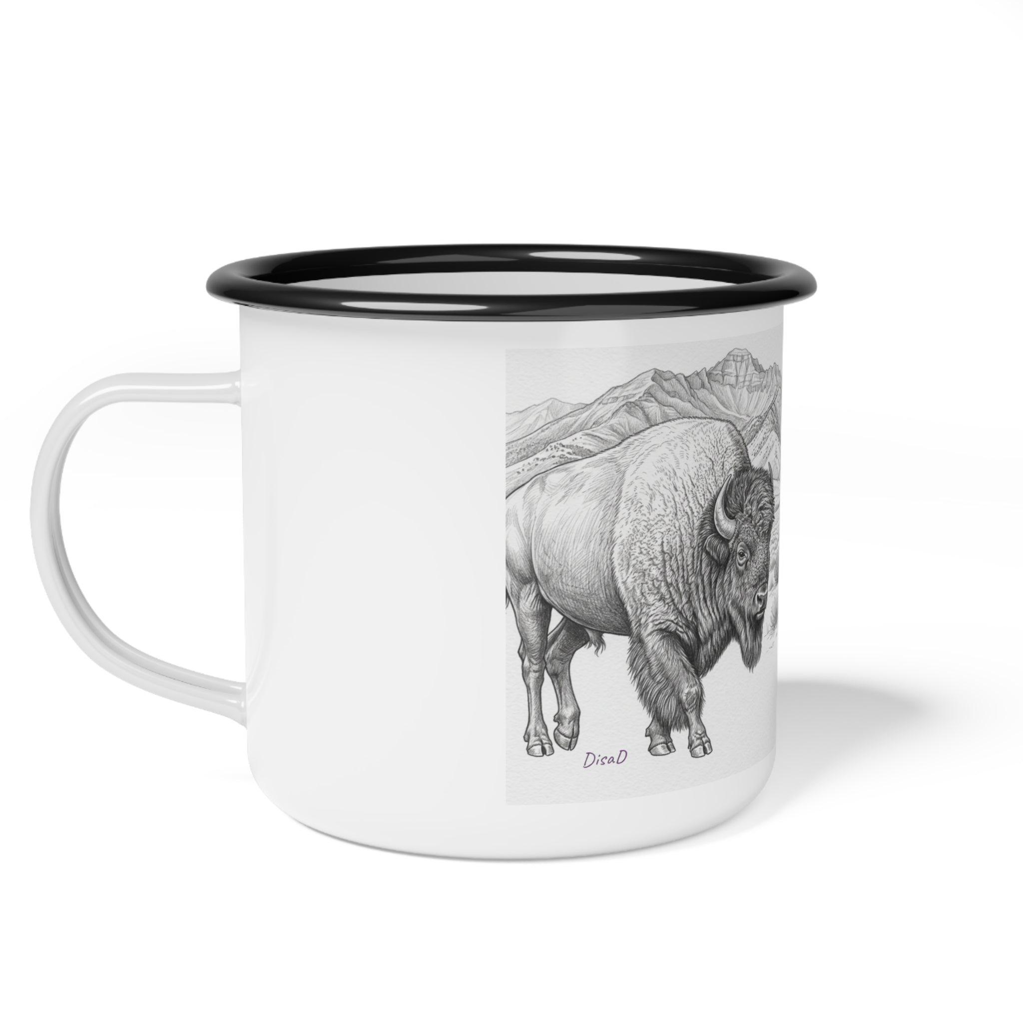 Enamel Camp Cup — 'First, I Must Drink' Buffalo Camping Mug